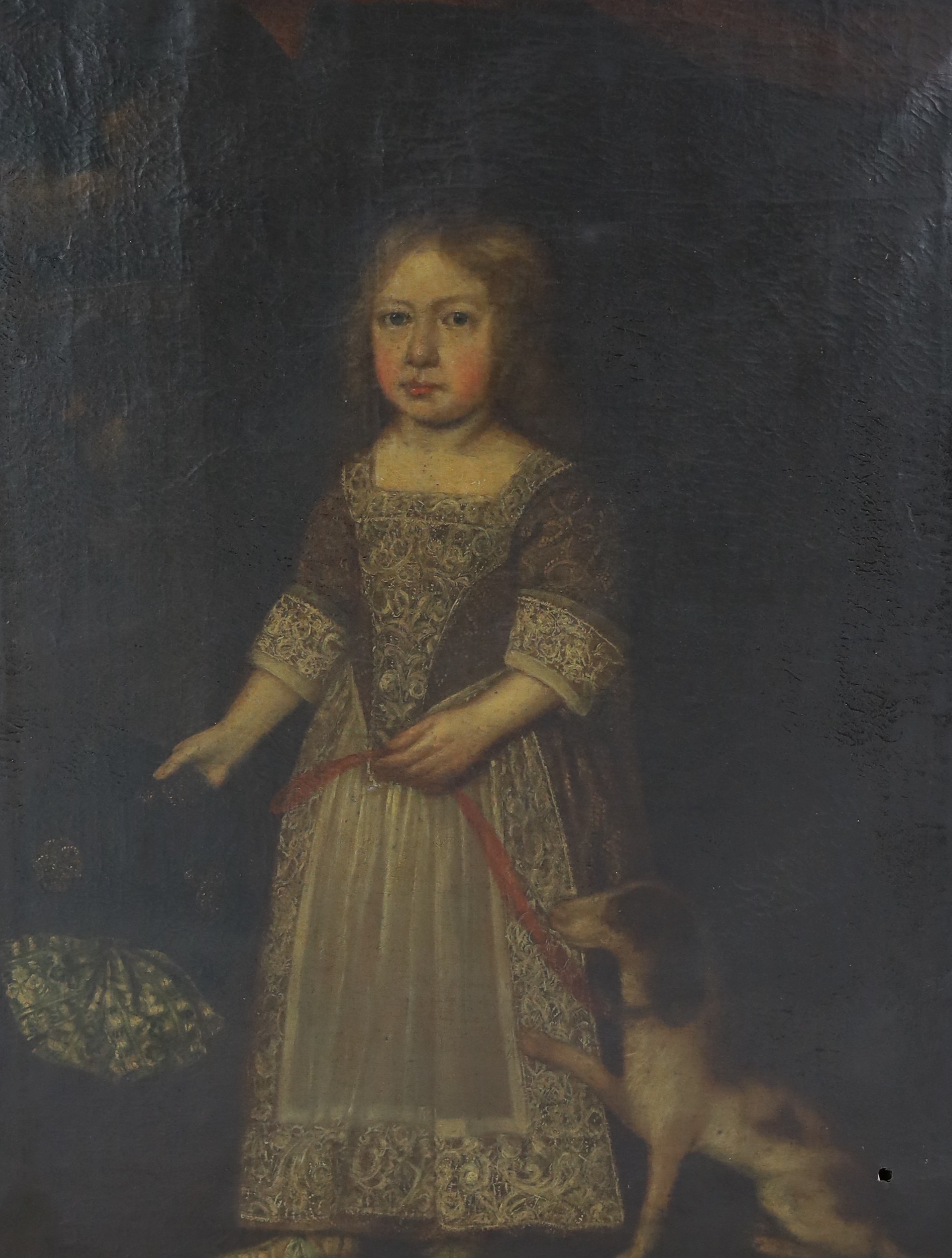 Late 17th century English School, Full length portrait of a child standing beneath a canopy with a dog at their feet and holding an elaborate hat, oil on canvas, 111 x 85cm